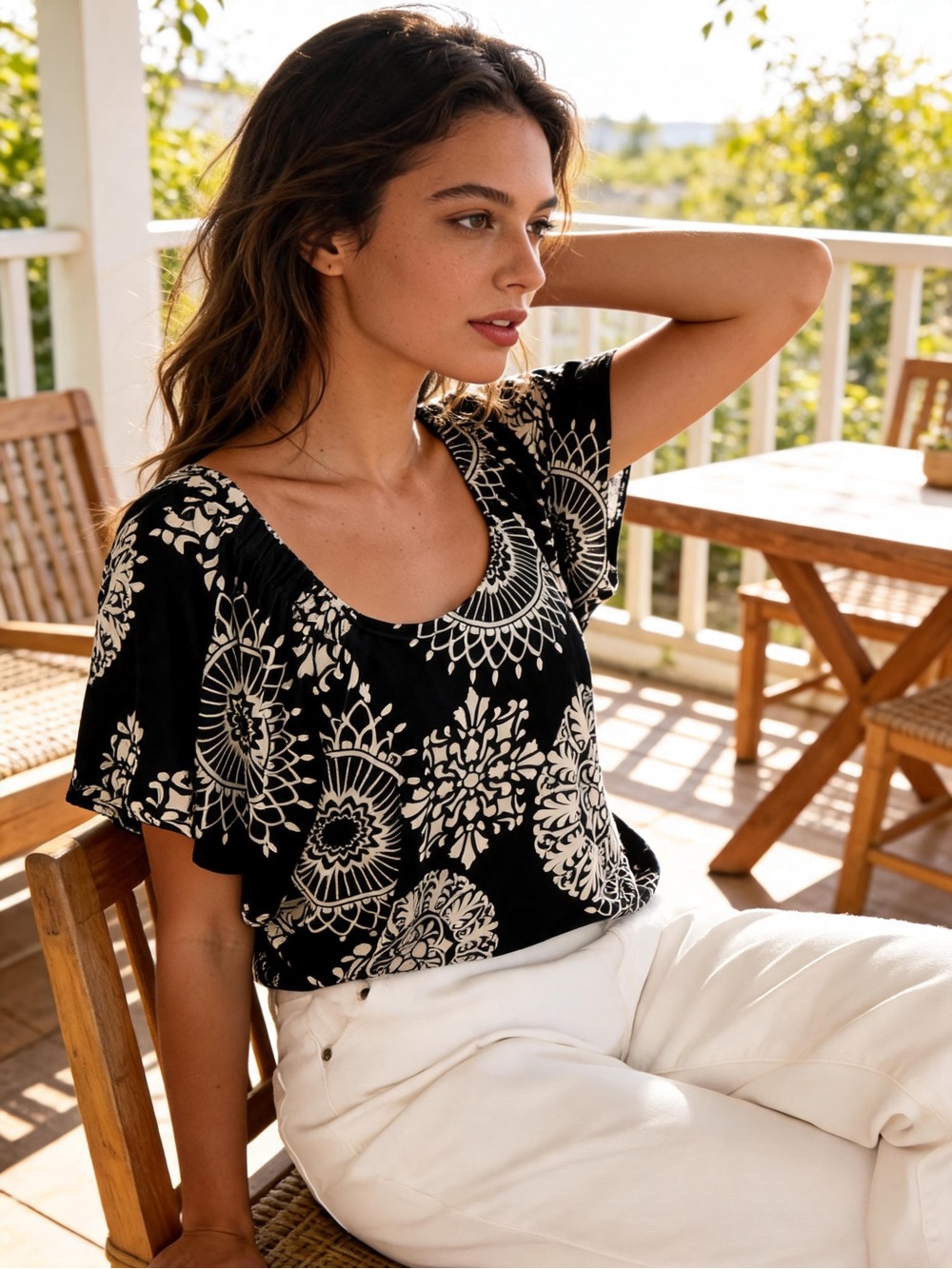 Sushi Flower black white blouse floral geometric print size medium oversized